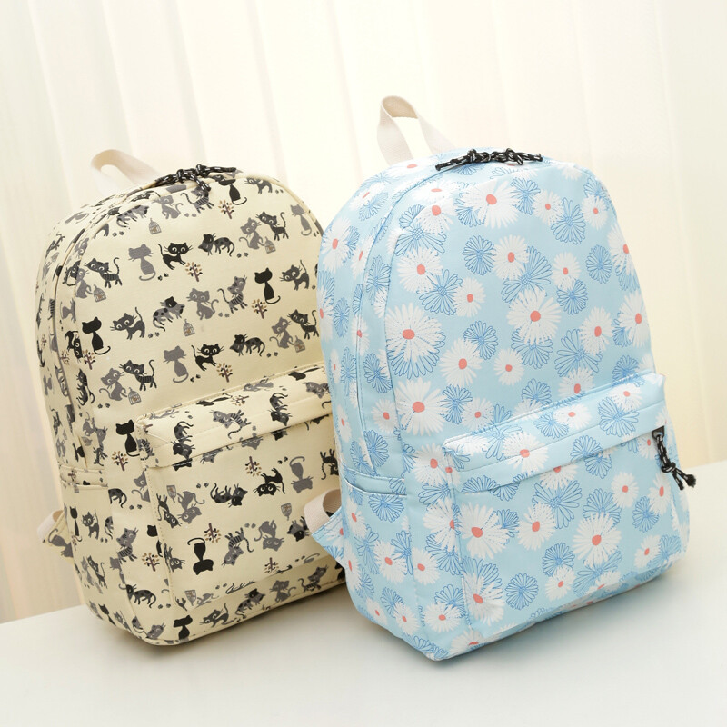 騰彩韓版時尚女高中初中生書包帆布背包學生雙肩包潮學院風旅行包E1 小貓藍