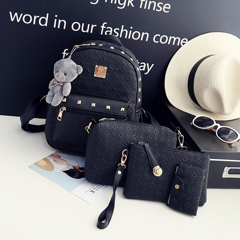 騰彩2016秋季新款四件套雙肩包女韓版pu壓花鉚釘背包學(xué)院風(fēng)書包旅行包E1 白色